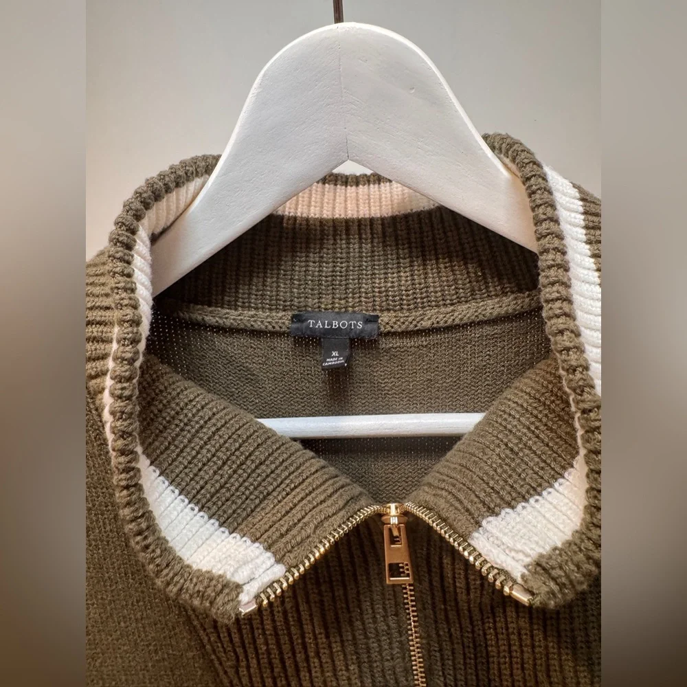 Talbots Olive Striped Sweater Vest XL Zip Mock Neck Knit Preppy Layering Top - Picture 3 of 5